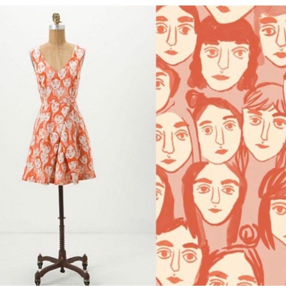 Leah Reena Goren Anthropologie Abstract Orange fit & flare poker face dress 8